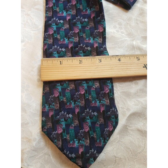 Museum Artifacts All Silk Tie Buildings Abstract Blue Purple Green Handmade - Picture 5 of 8